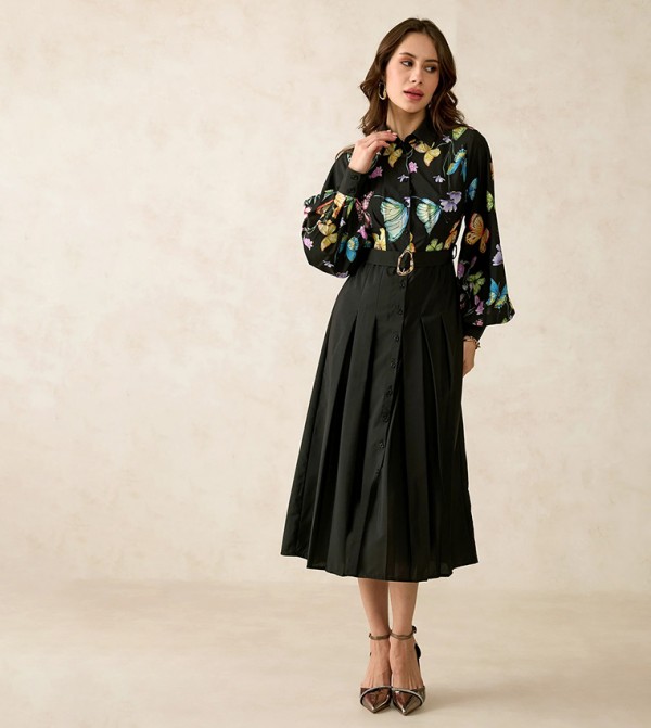 Floral Printed Buckle A-Line Midi Dress