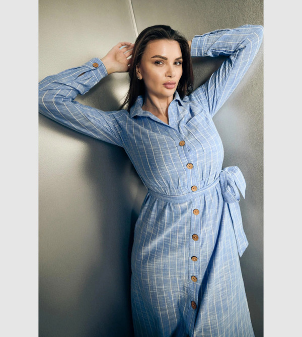 Textured Pure Cotton Cinched Waist Shirt Dress
