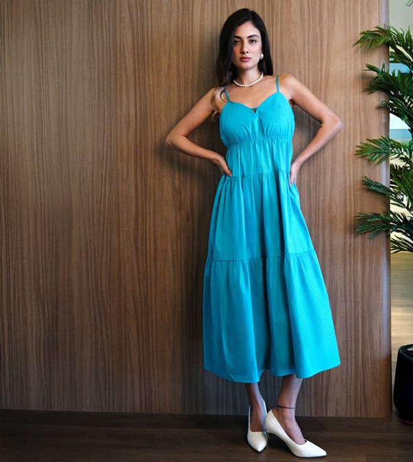 Solid Pure Cotton Tier Dress with Back Tie-Up