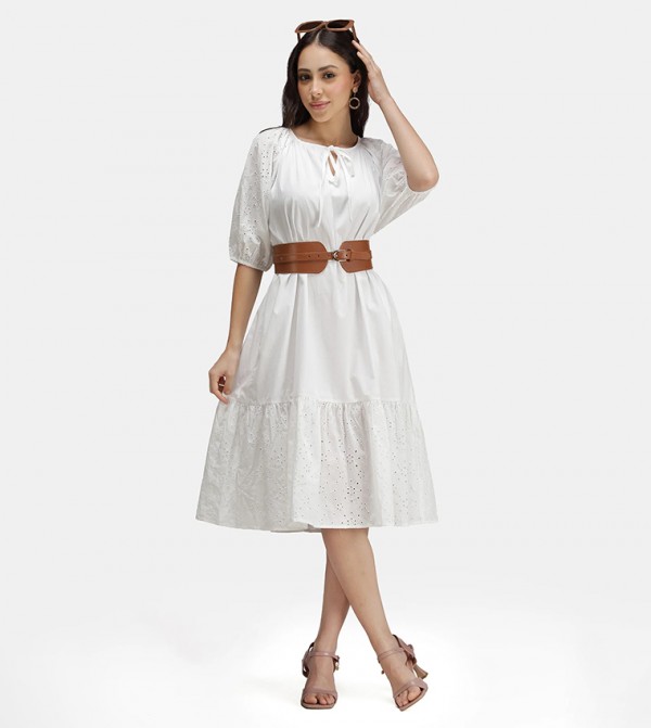 Schiffli Cotton Puff Sleeves Midi Dress
