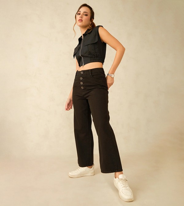 بنطال جينز قطن سادة بخصر عالي