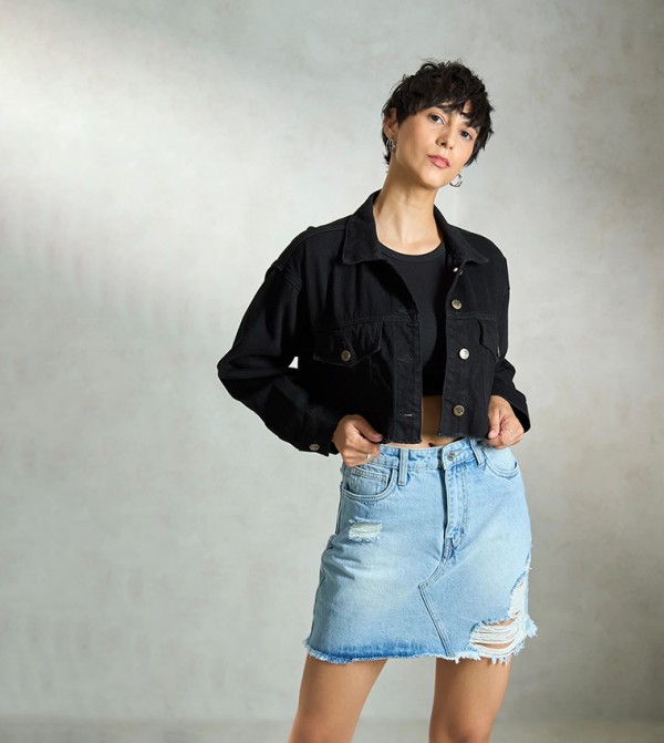 Washed Long Sleeves Crop Denim Jacket