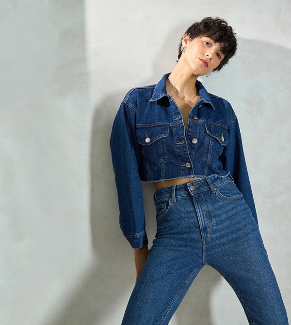 Washed Long Sleeves Crop Denim Jacket