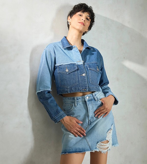 Washed Long Sleeves Crop Denim Jacket