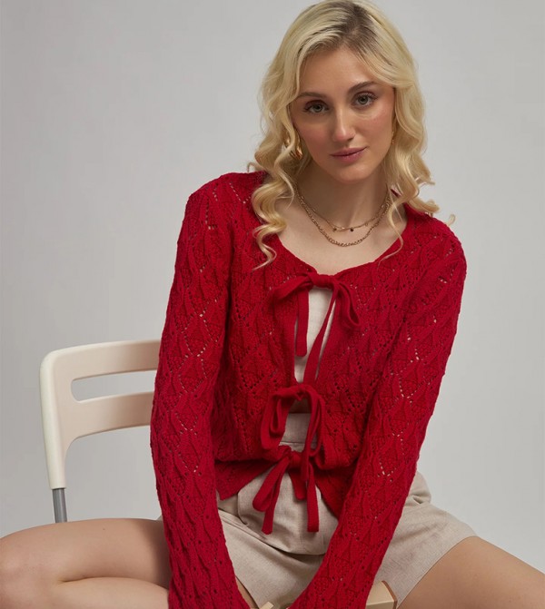 Knitted Long Sleeves Front Tie Top