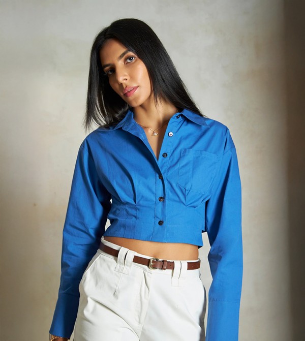 Solid Cotton Back Tie-Up Waist Crop Shirt