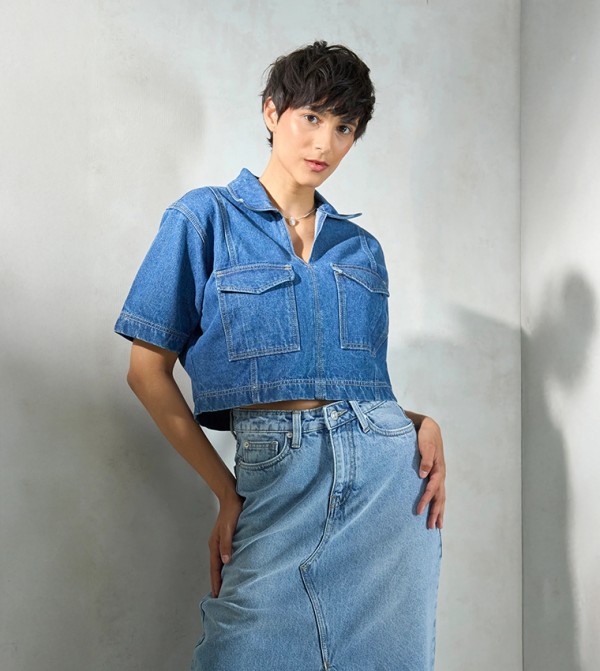 Solid Cotton Denim Short Sleeves Crop Shirt