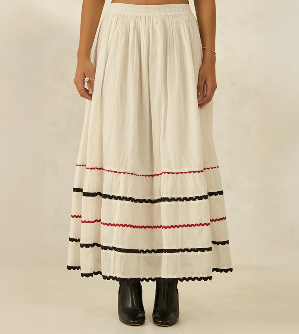 Lace Trim Cotton Flared Maxi Skirt