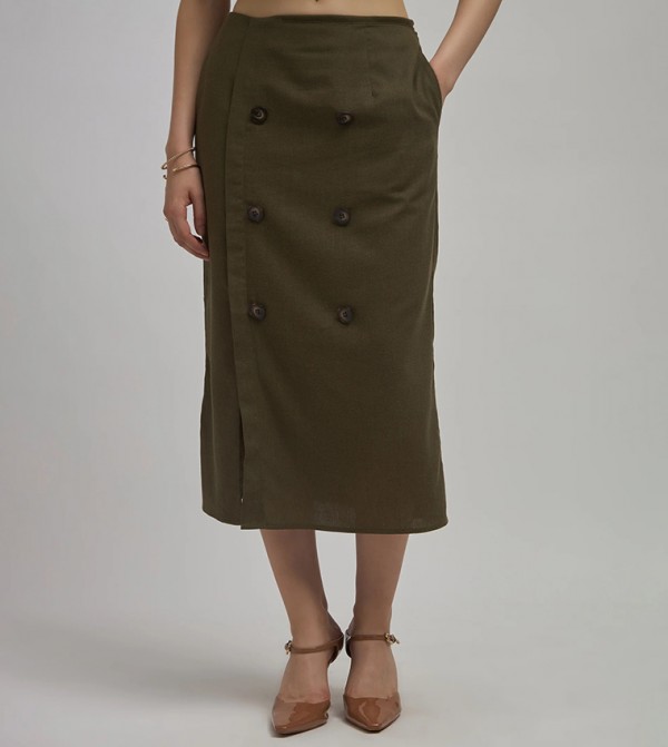 High Waist Button Detail Midi Skirt