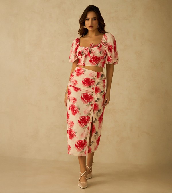 تنورة ميدي فيسكوز ببورود وفتحة جانبية 