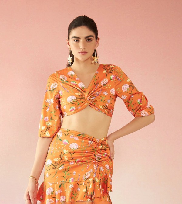 Floral Satin Knot Detail V-Neck Crop Top