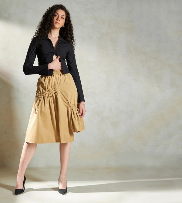 Ruched Cotton Long Sleeves Crop Shirt