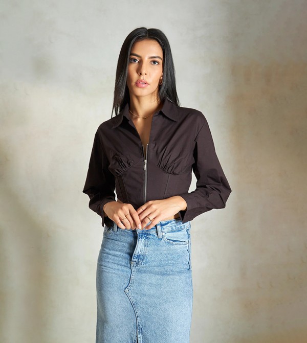 Solid Cotton Corset Zipper Crop Shirt