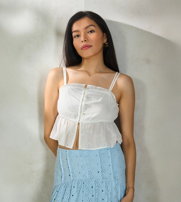 Schiffli Cotton Strappy Peplum Top