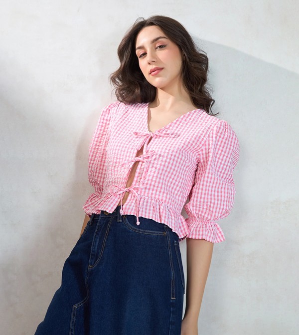 Checked Short Sleeves Crop Top