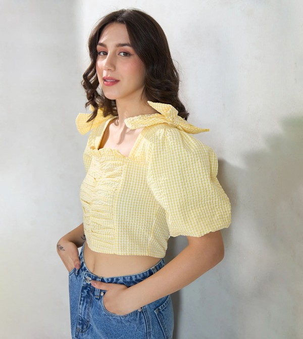 Checked Square Neck Crop Top