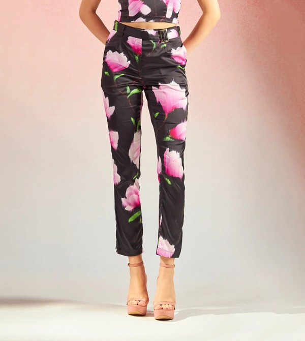 Floral Satin Stretch High Rise Trousers