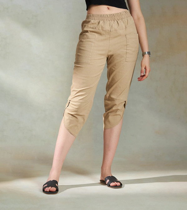 Solid Cotton Stretch Panelled Capris