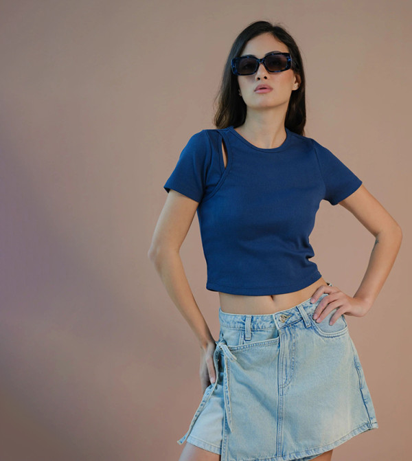 Ribbed Cotton Stretch Crew Neck Cropped T-Shirt