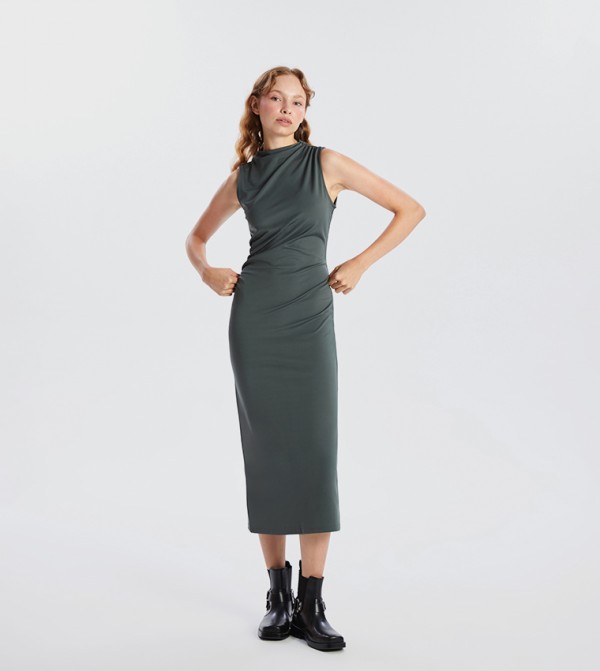 Solid High Neck Midi Dress