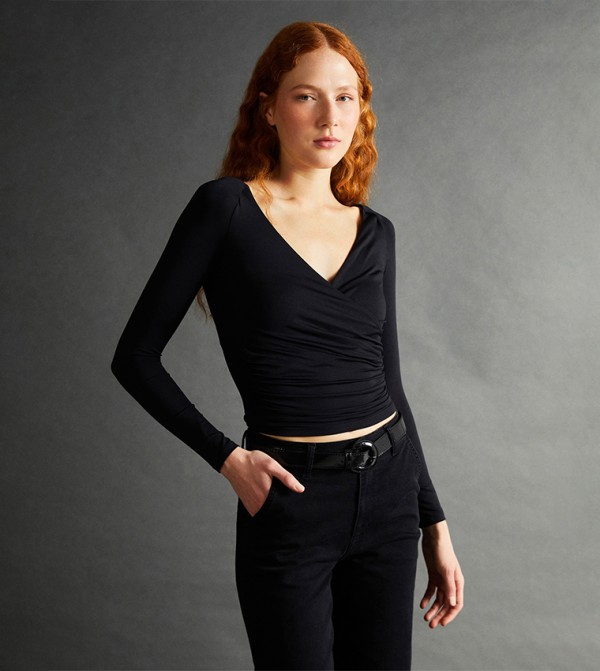 Solid V-Neck Wrap Top