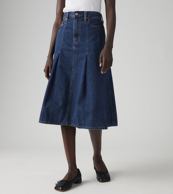 Pleated Denim Midi Skirt