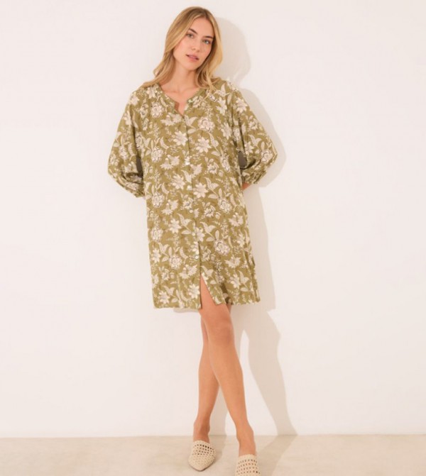 Floral Printed Viscose Shirt Dress