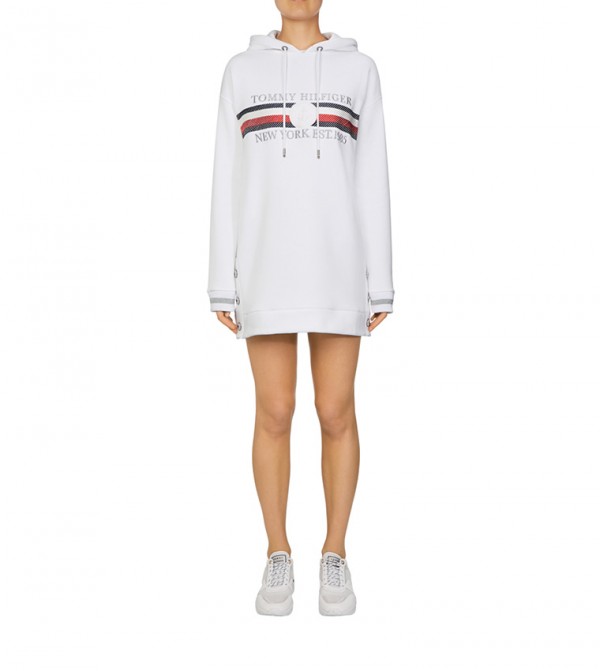 tommy hilfiger icon stripe logo print hoodie in navy