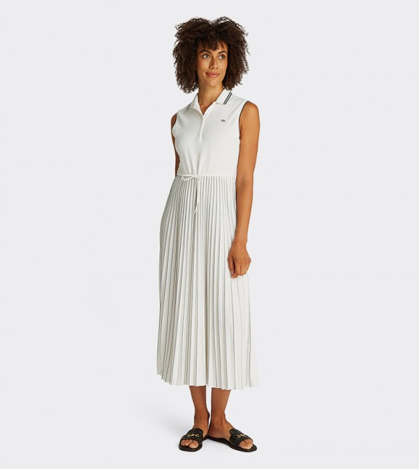 Logo Detail Pleated Midi Polo Dress