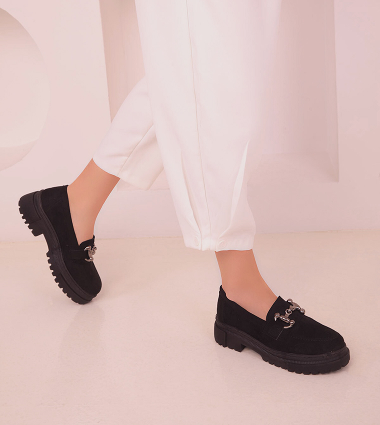 Metal Accent Chunky Heel Loafers