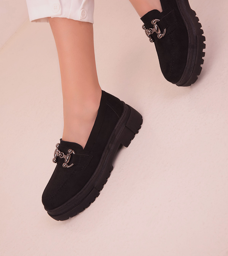 Metal Accent Chunky Heel Loafers