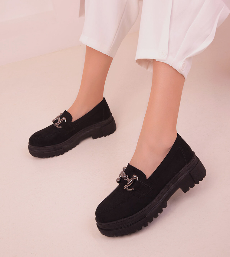 Metal Accent Chunky Heel Loafers