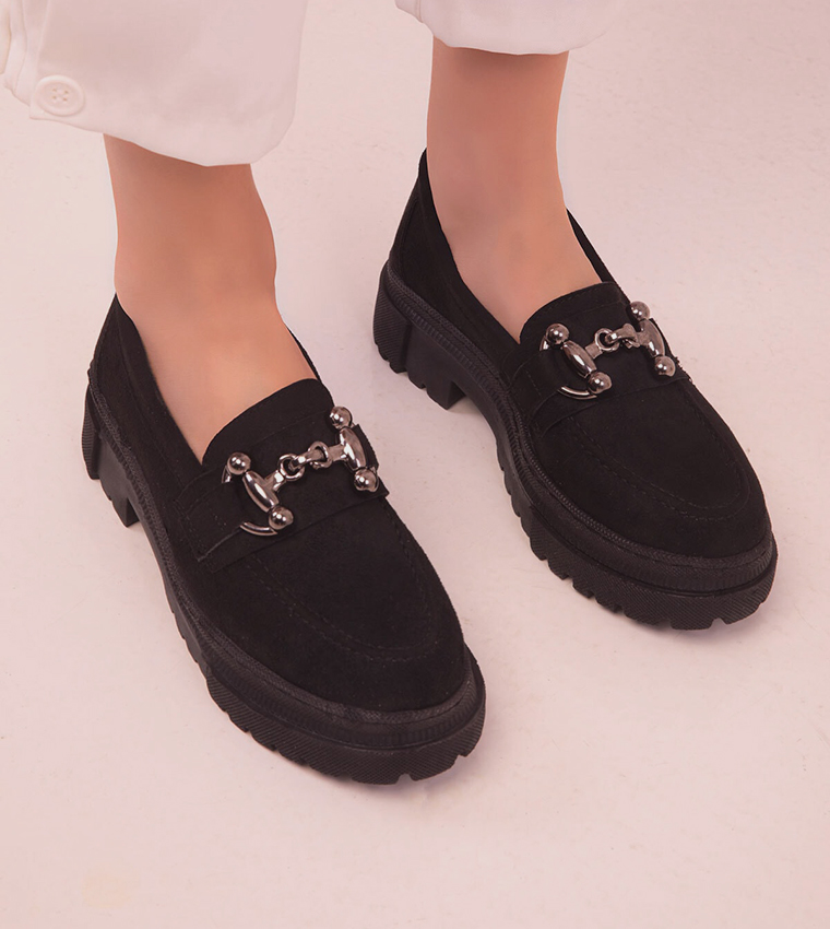 Metal Accent Chunky Heel Loafers