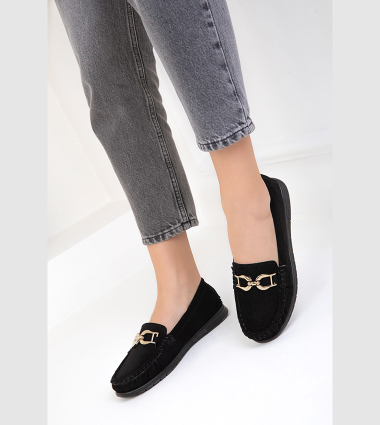 Suede Loafers With Contrasting Sole And Metal Charms - Black