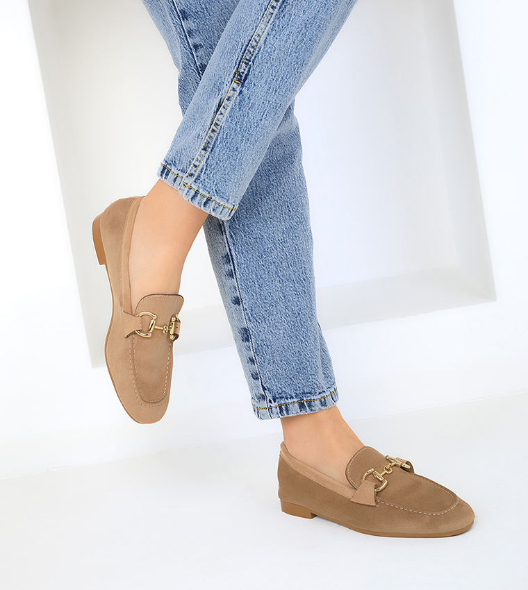 Metal Detail Suede Loafers