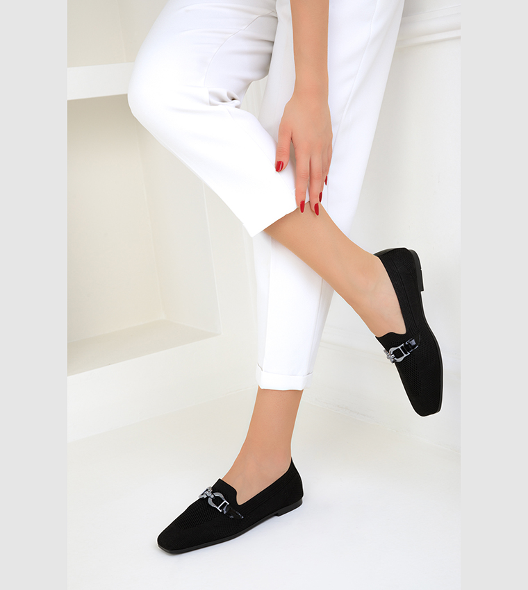 Metal Accent Square Toe Loafers