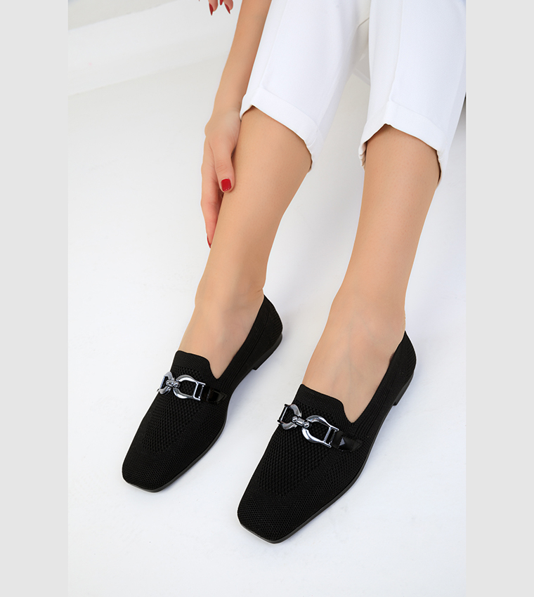 Metal Accent Square Toe Loafers