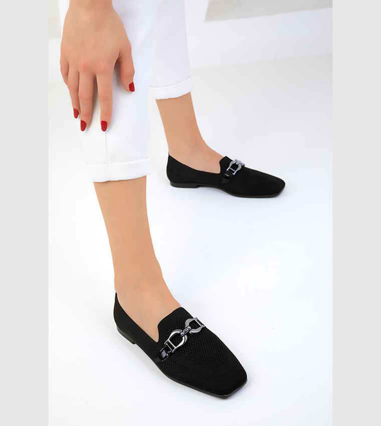 Metal Accent Square Toe Loafers