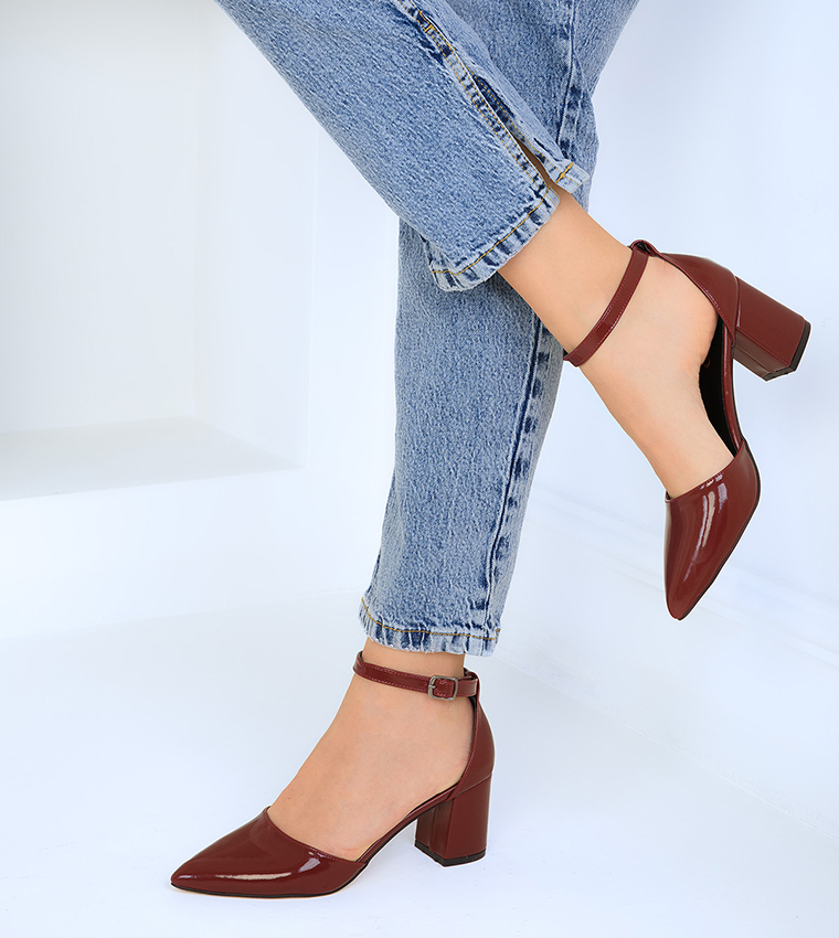 Burgundy pumps with ankle strap hotsell