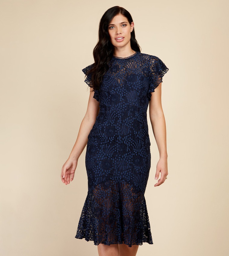 Laced Flutter Sleeves Trumpet Dress
