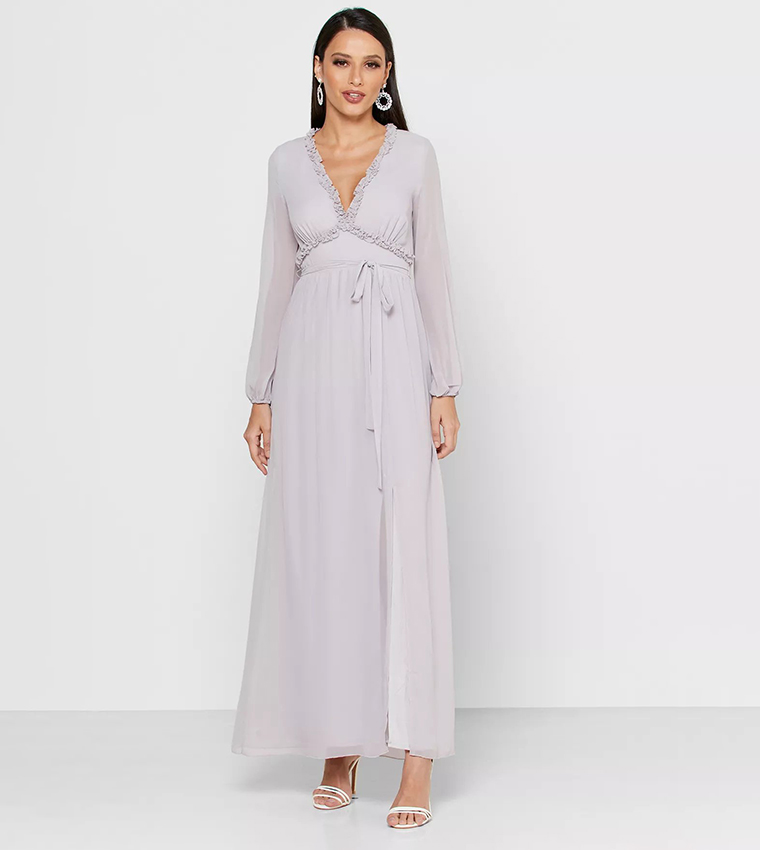 Buy Little Mistress Solid Tie Detail Midaxi Dress In Grey | 6thStreet UAE Buy Little Mistress Solid Tie Detail Midaxi Dress In Grey | 6thStreet UAE