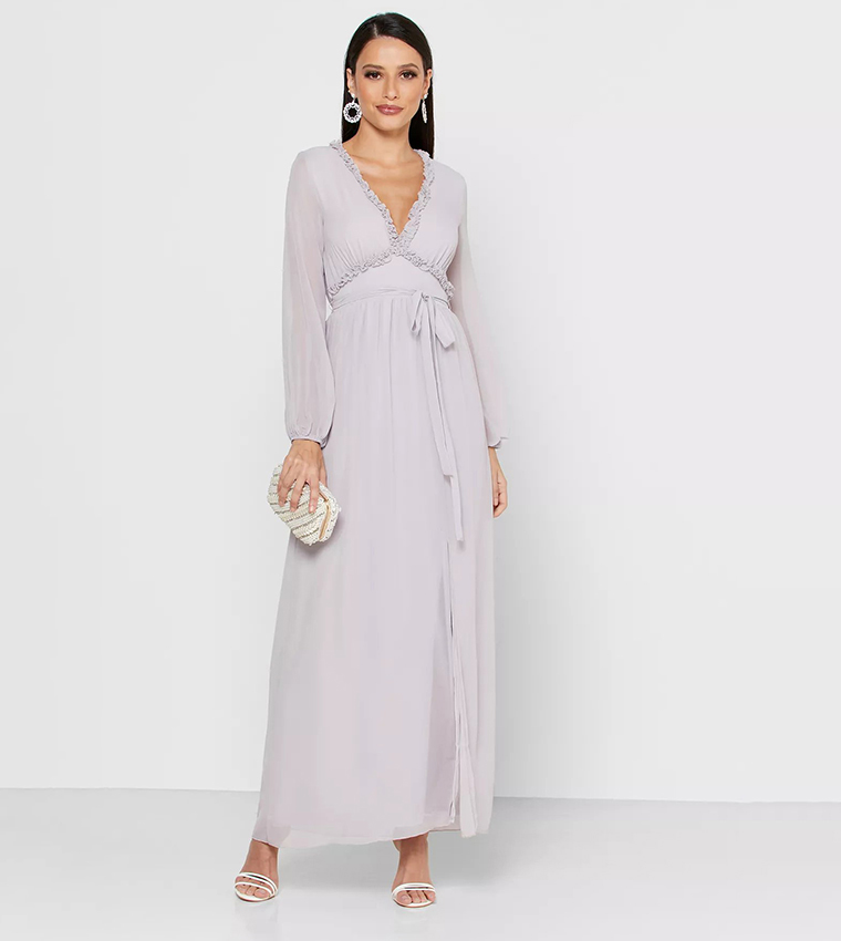 Buy Little Mistress Solid Tie Detail Midaxi Dress In Grey | 6thStreet UAE