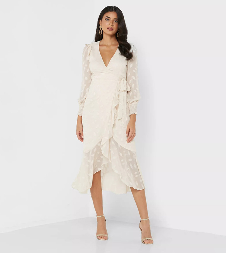 Buy Little Mistress Woven Ruffle Trim Wrap Dress In Cream | 6thStreet UAE