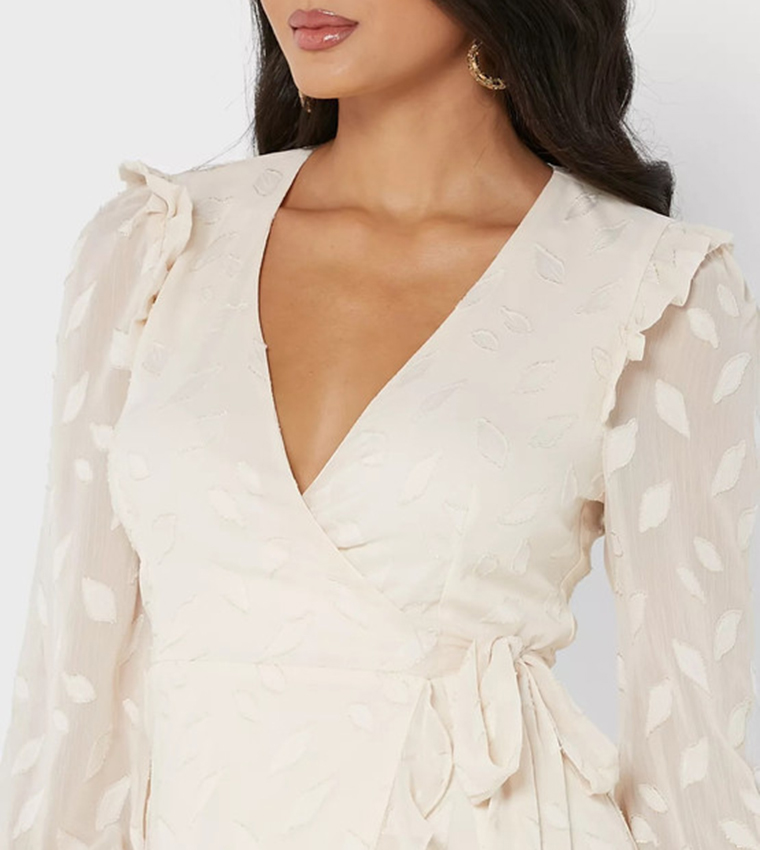 Buy Little Mistress Woven Ruffle Trim Wrap Dress In Cream | 6thStreet UAE