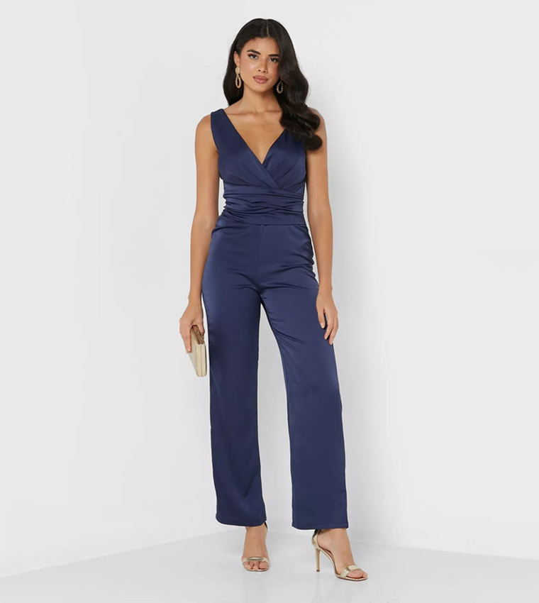 Navy v neck jumpsuit on sale