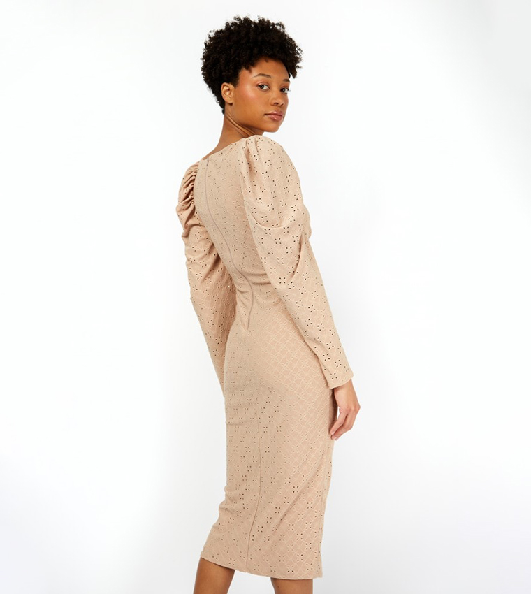 Beige bodycon midi on sale dress