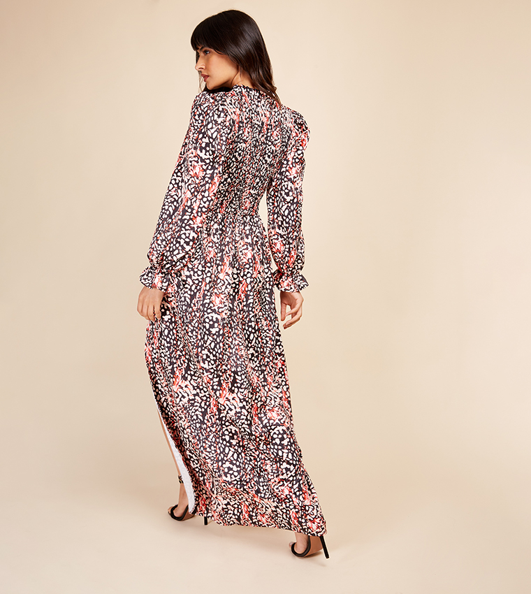 Printed Shirred Maxi Dress with Slit