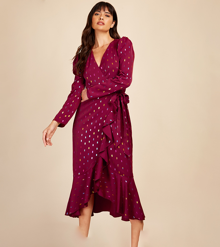 Buy Little Mistress Foil Printed Ruffled Wrap Dress In Maroon 6thStreet Kuwait