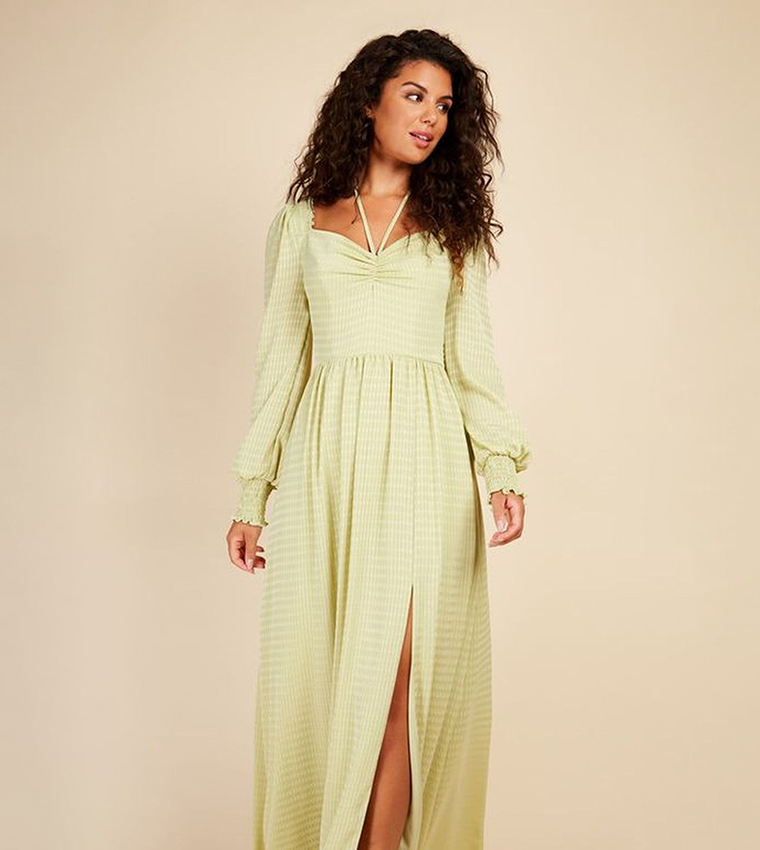 Self Patterned Bishop Sleeves Maxi Dress