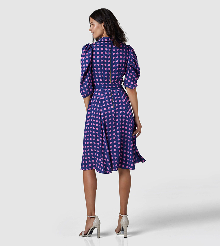 Polka Dots Revere Collar Dress with Waist Belt